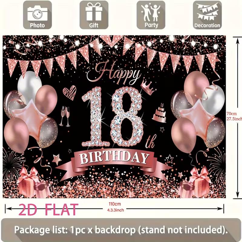 2D Elegant Black Rose Gold 18th Happy Birthday Photography Backdrop