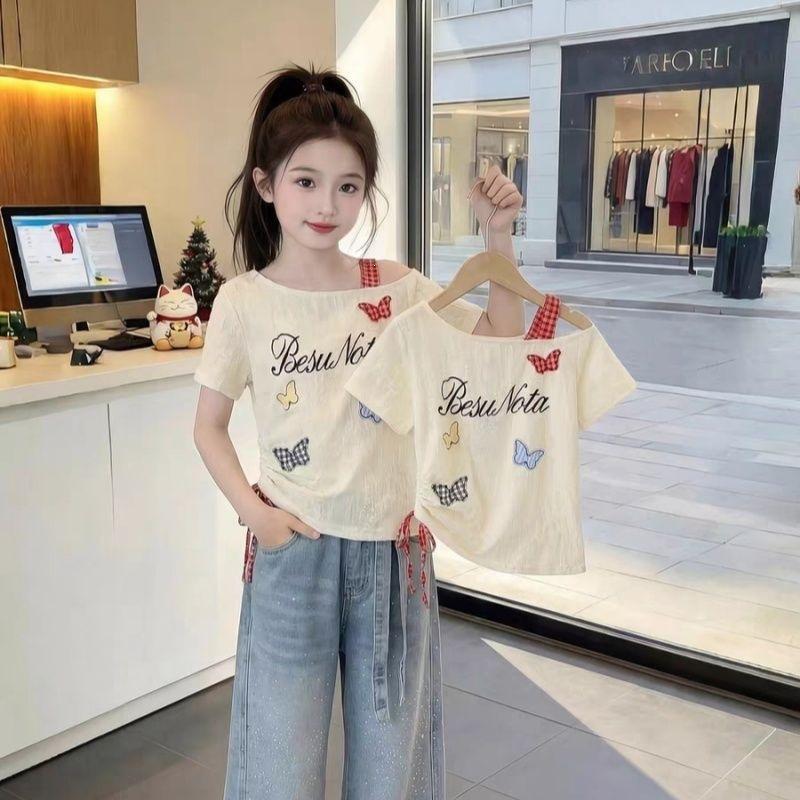 Girls Summer Butterfly Print Off Shoulder Short Sleeve Top Sweet Cool Fitted T Shirt