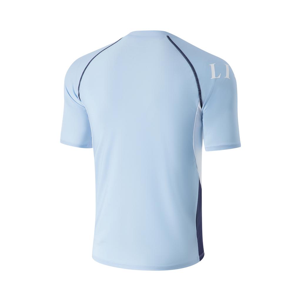 Li Ning Swimming Series Round Neck Raglan Logo Short Sleeve Swimwear Men Swimwear Ice-River-Blue Deep-Lantern-Blue ASLU125-2