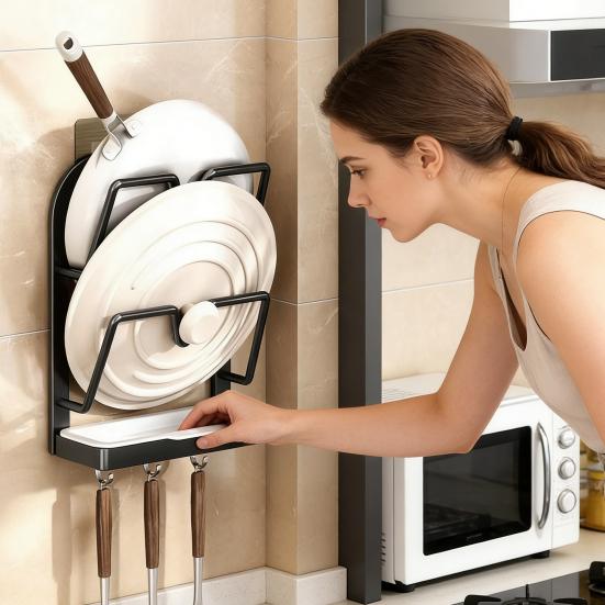 Wall-Mounted Pot Lid Holder Kitchen Pot Lid Storage Rack Punch-Free Pot Lid Organizer with Removable Drip
