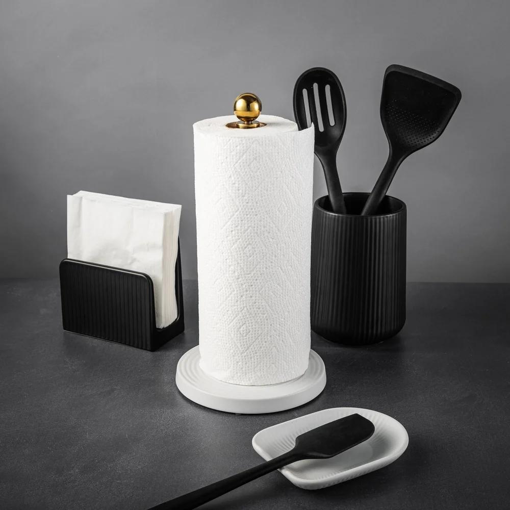 Elegant Paper Towel Holder Ribbed Ceramic Base Gold Center Post Kitchen Organizer Durable Design Stylish Countertop Accessory
