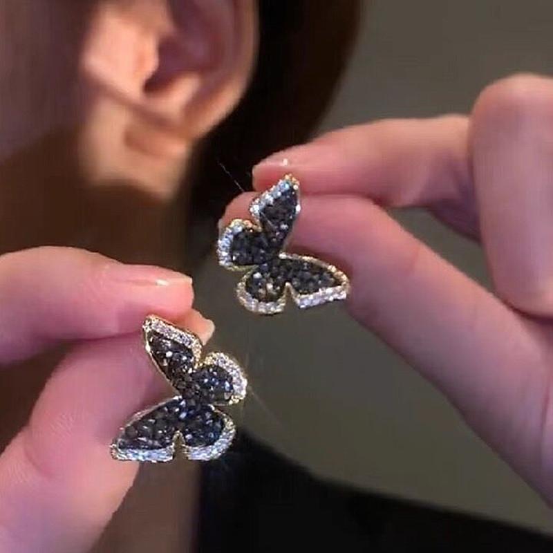 Inlaid Zircon Black Crystal Silver Colour Butterfly Earrings Women's Personality Fashion Earrings Wedding Birthday Gifts
