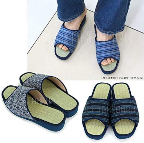 Takeharu Tatami Made In Tatami Indigo Leaf Pattern Size 3L Men's Sandals, Japan, Slippers, Dyed/Hemp (520),