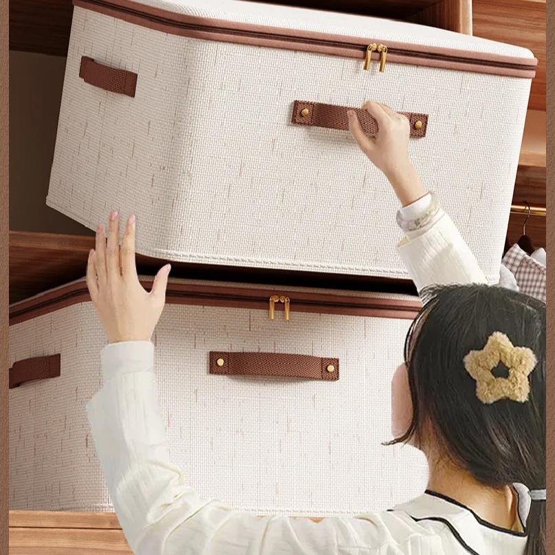 Large Household Storage Box Heavy-duty Hard Shell Cotton Linen Zipper Storage Organizer Box with Lid for Clothes Toys Blankets