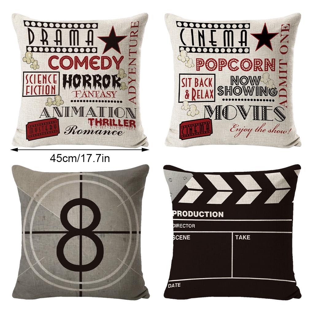 Cinema Pattern Letters Cushion Cover Easy To And Clean Premium Linen Home Decoration Cushion Cover