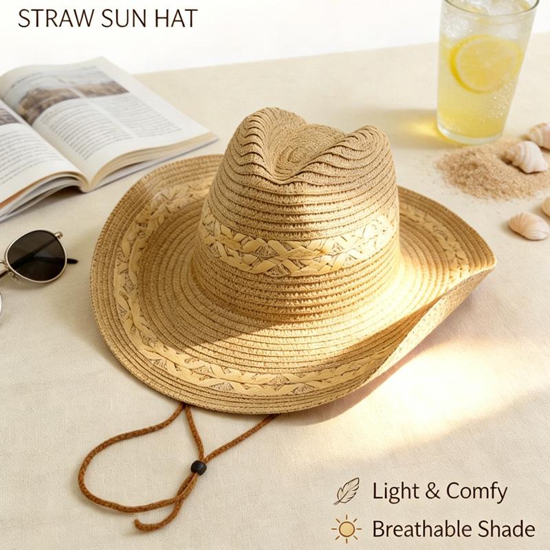 Men Hollow Woven Cowboy Straw Hat Wide Brim Windproof Chin Cord Breathable Outdoor Fishing Travel Sun Cap