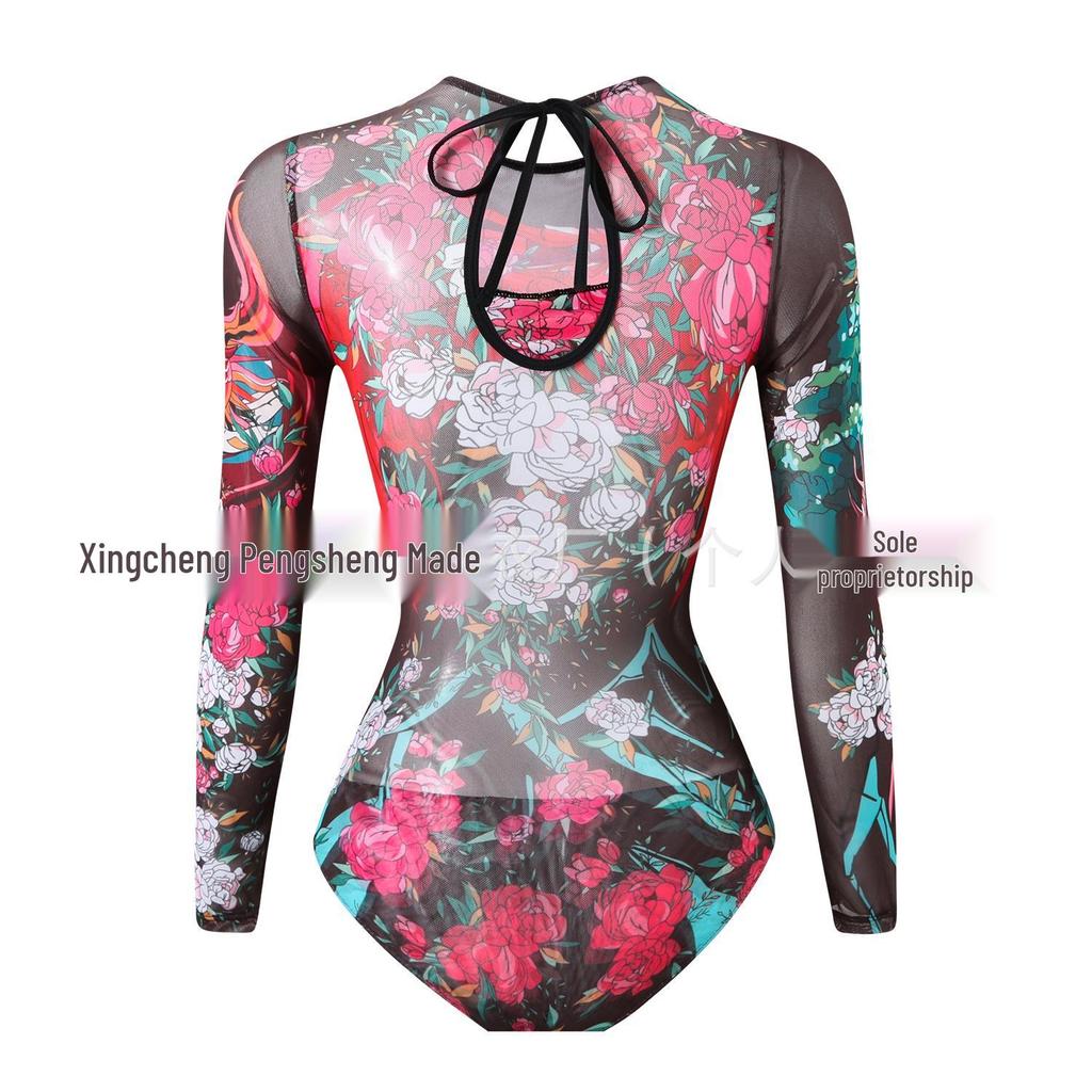 Women's Long Sleeve Mesh Sun Protection One-Piece Swimsuit with Skirt