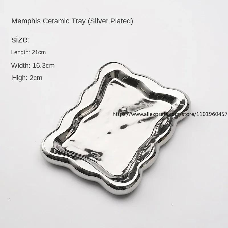 Silver Plated Plate Ceramic Dish Irregular Desktop Storage Tray Decorative Kitchen Living Room Jewelry Luxury Decorative Tray