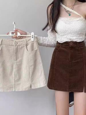 Women's Slit Corduroy High-Waist A-Line Skirt - Coffee Color, Hip-Hugging, Autumn/Winter 2026 Collection.