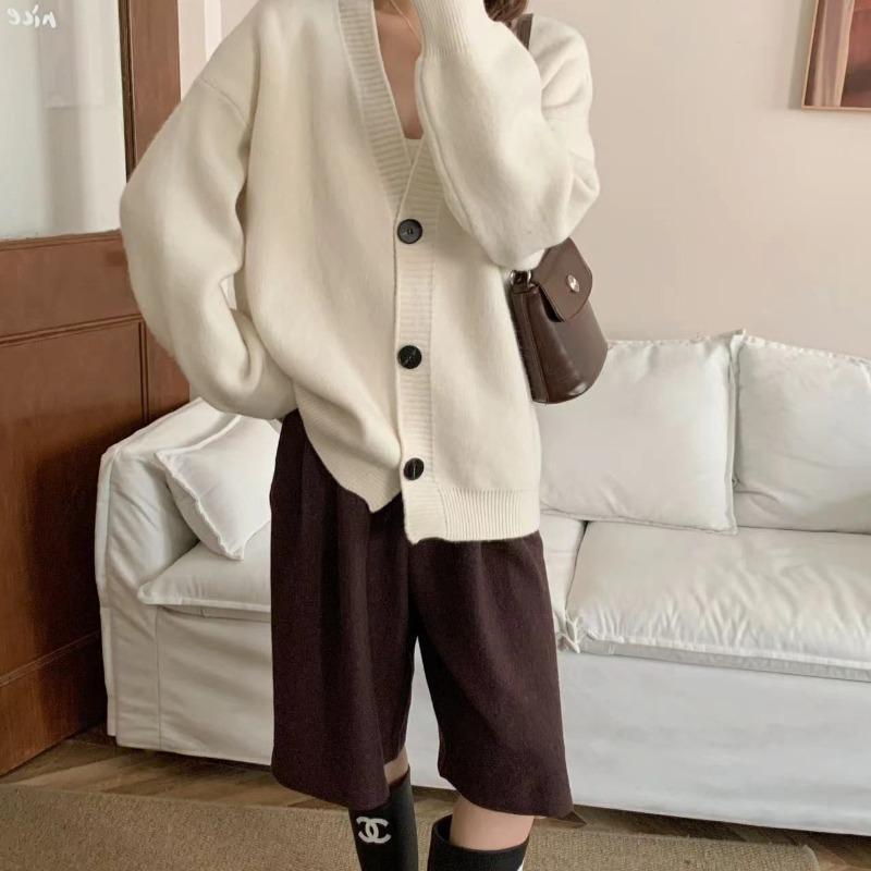 Autumn and Winter New Loose Wind Lazy V-neck Knitted Cardigan Top Women's Solid Color Soft Waxy Casual Versatile Sweater Jacket