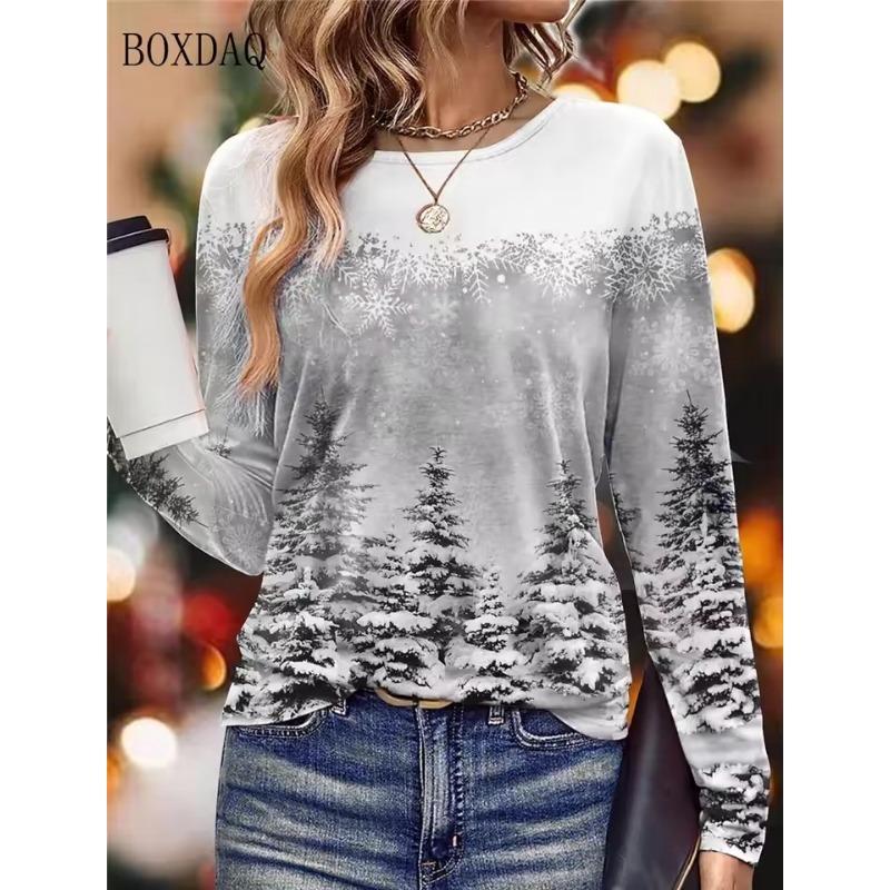 Herbst Winter Schneelandschaft Weihnachten Stil Frauen T-Shirts Langarm 3d Druck Straße Hip Hop Damen Tees 6XL Plus Größe Casual tops