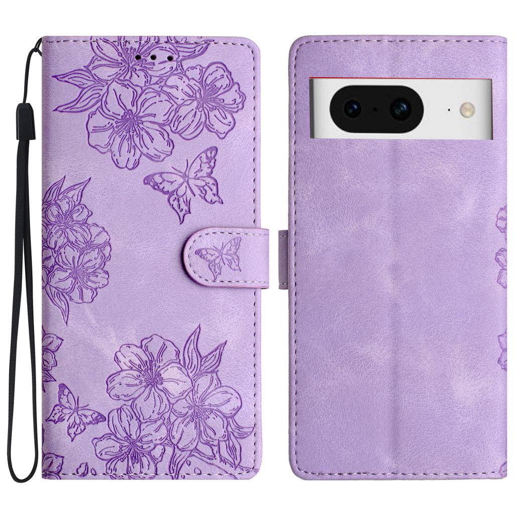 For Google Pixel 8 Case PU Leather Wallet Phone Cover Imprinted Butterfly Flowers Wrist Strap