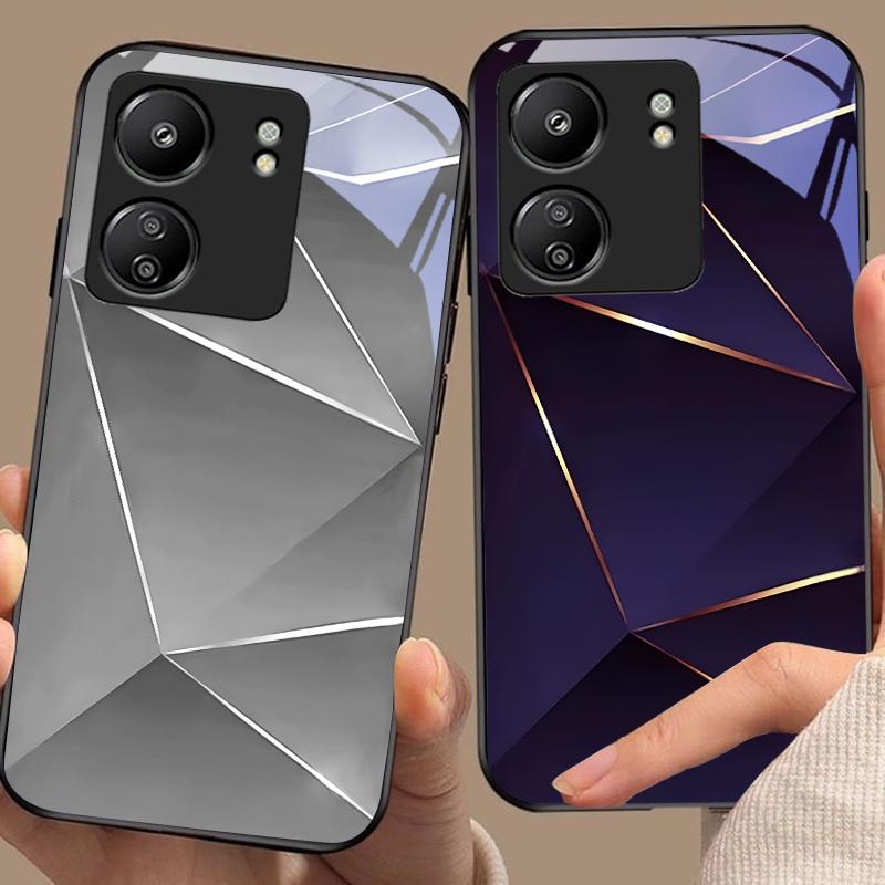 Geometrisches Prisma für Xiaomi Redmi 13C, Note 13, 12 Pro Plus 5G, Note 9, 13T Pro, POCO X6, F5, F6 – Schwarze Schutzhülle aus gehärtetem Glas
