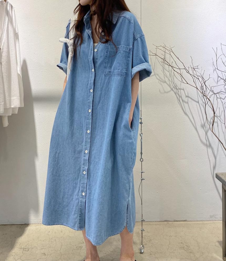 JINJUDUO Denim Slimming Loose Office Long Shirt Short Size M Women's Dress, Cotton, Silhouette, & Casual, Spring, Summer, Fall, Dress, Collar,