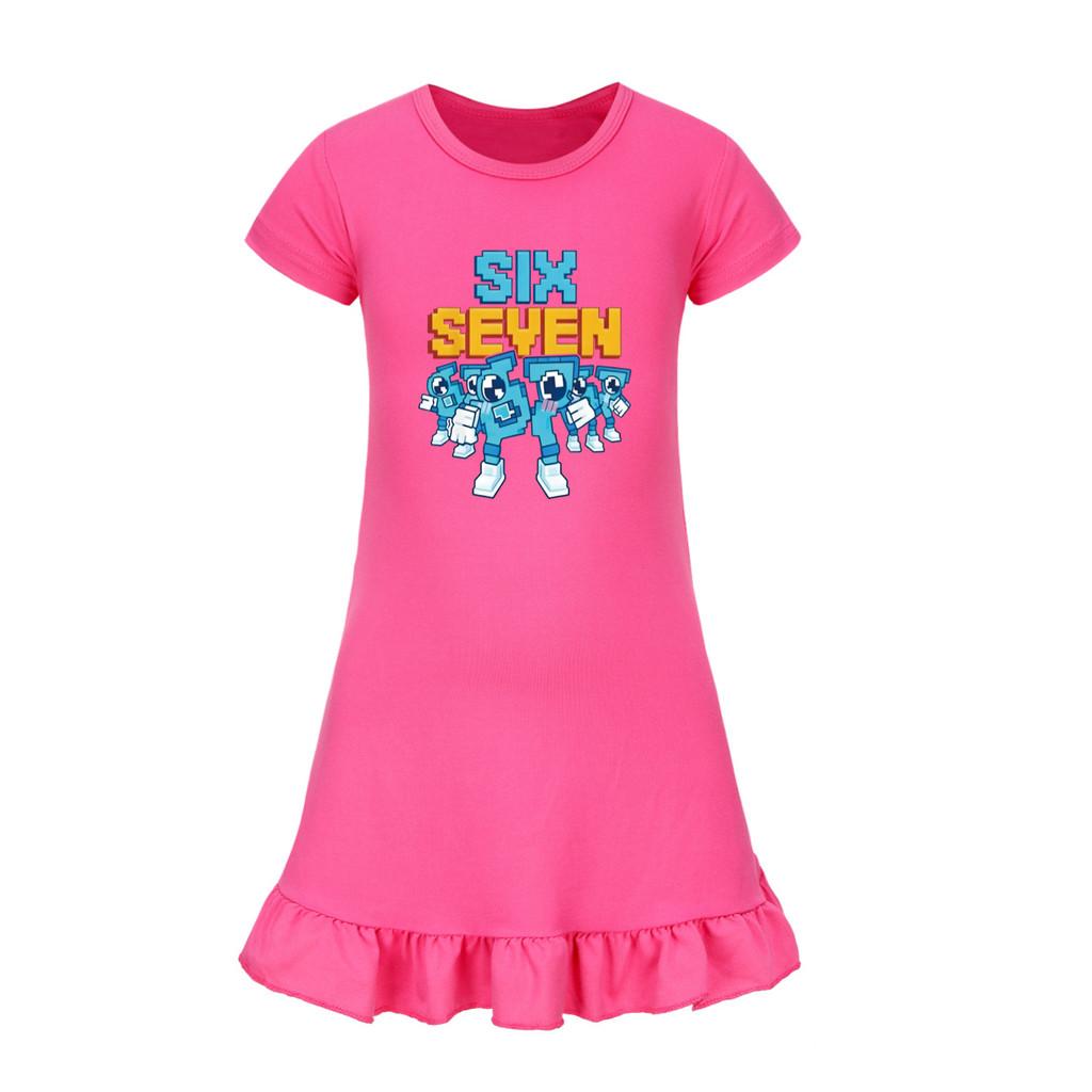 5195 Kids Girls Steal a Brainrot 67 Six Seven Printed Ruffle Short Sleeves Casual Dress