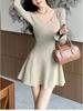 Women's Khaki V-neck Knit Dress - Long Sleeve, Slimming Waist, Bodycon A-line Short Skirt for Autumn/Winter