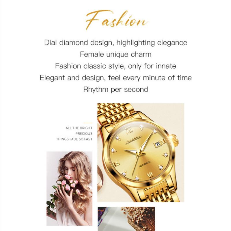 JINSHIDUN Nové dámské hodinky pro podnikání a volný čas Módní diamantové Vodotěsné Luminous Single Calendar Mechanické Špičkové dámské hodinky