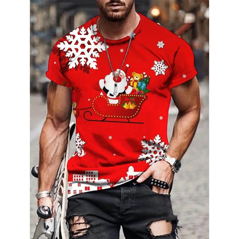 Sommer Herren Bequem Modisch Weihnachtsmann 3D Digital Bedrucktes T-Shirt- Weiches Mittel Elastisches Polyesterfaser Gewebe Sommer Locker Freizeitkleidung