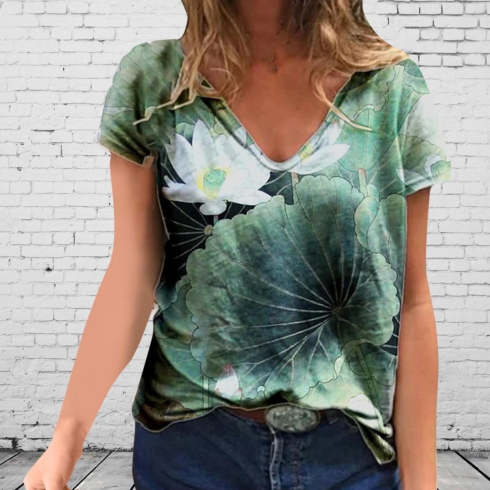 

Summer Trendy Plants Flowers Printing Short Sleeve T-Shirts V-Neck Casual Tops