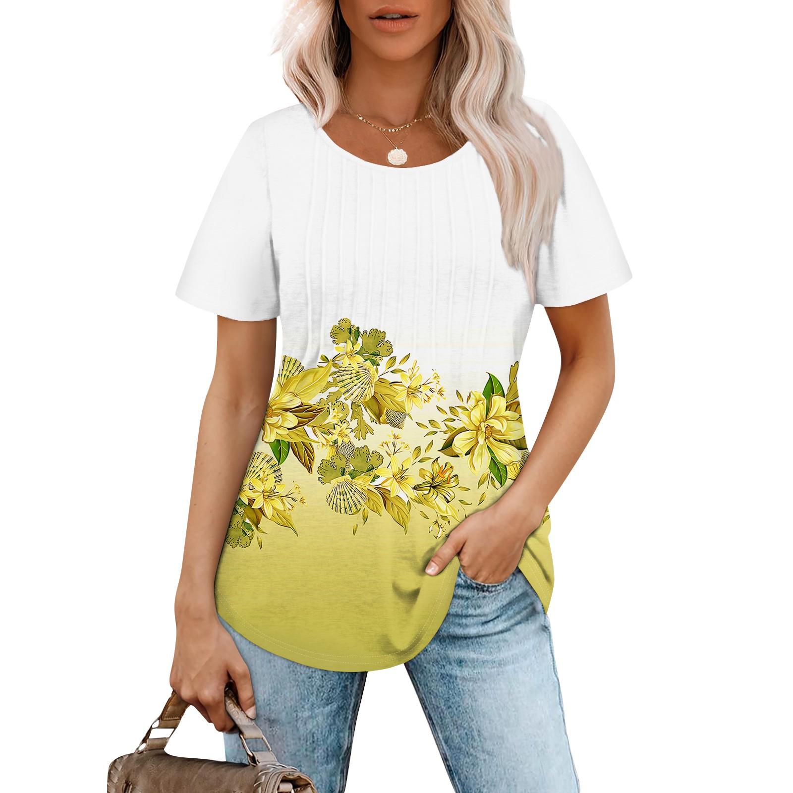 

Женская модная повседневная плиссированная футболка с короткими рукавами и круглым вырезом с градиентным принтом XL жёлтый