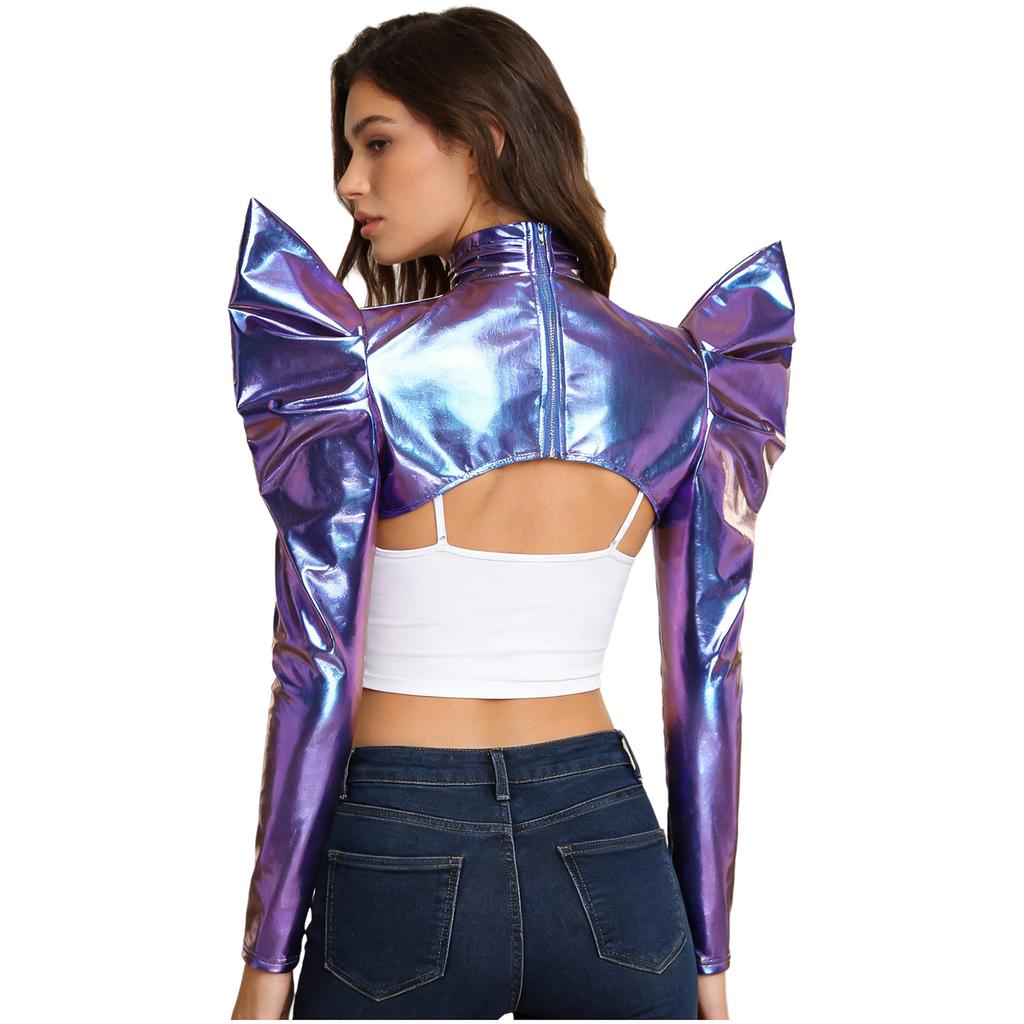 Bolero Cardigan Metallico Futuristco Trasparente a Collo Alto Manica Lunga con Zip Posteriore da Donna per Festa in Costume Halloween