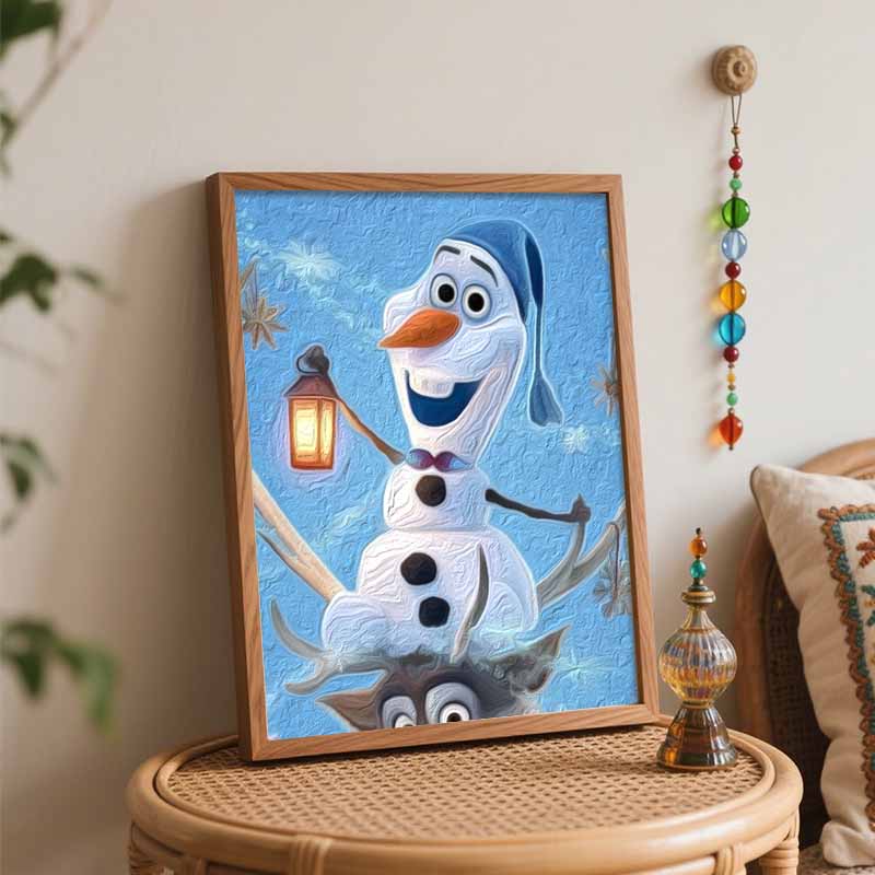 Disney Oil Painting DIY Digital Painting Snowman Holding Lantern Winter Landscape HandPainted Living Room Entryway Wall Art.