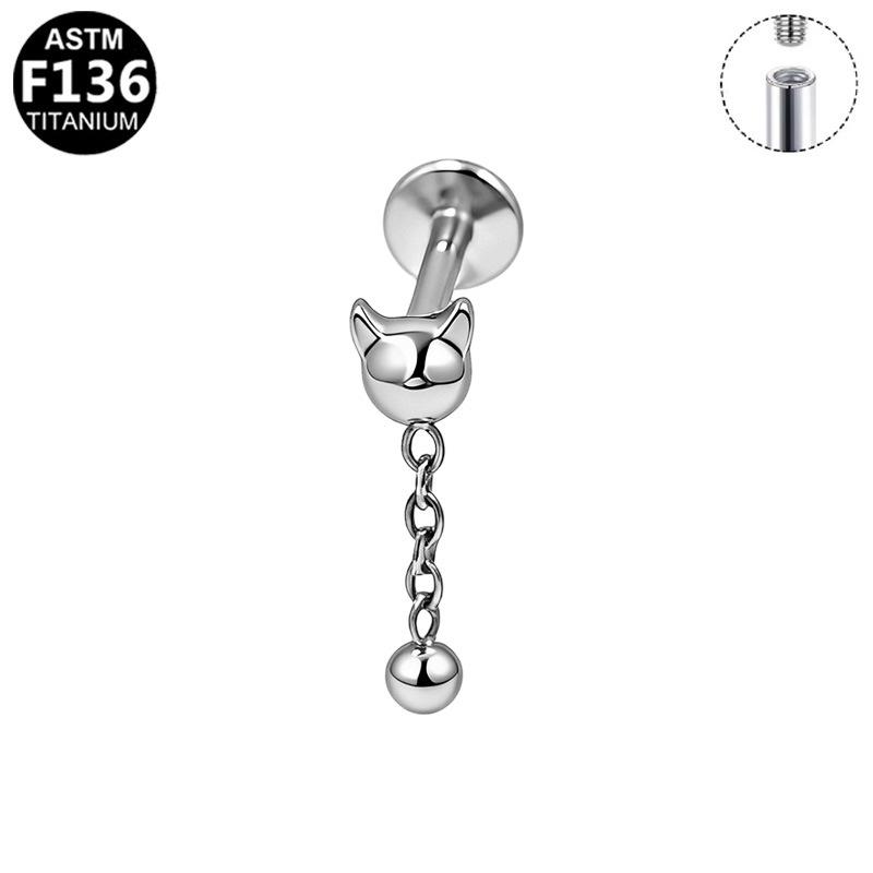 Gaibei G23 Titanium Alloy Cat Head Internal Thread Cartilage Stud Earrings