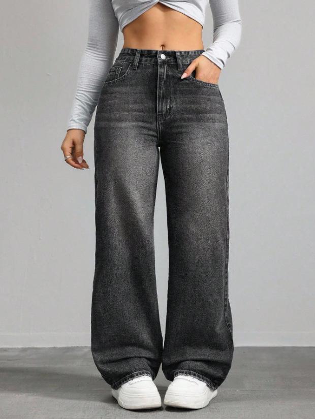 

2026 Spring/Summer Women s Plus Size Retro Wide-Leg Denim Pants with Pockets Small чёрный