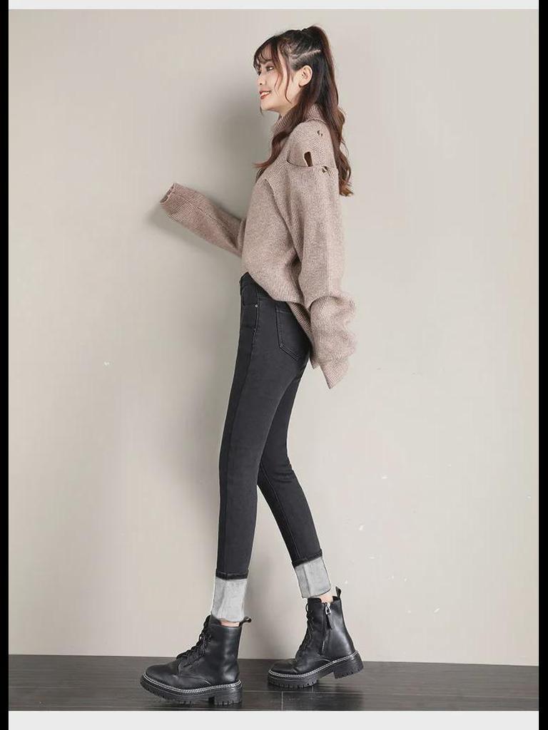 Женские узкие плюшевые джинсы с высокой талией — плотные, эластичные, облегающие брюки-карандаш для зимы