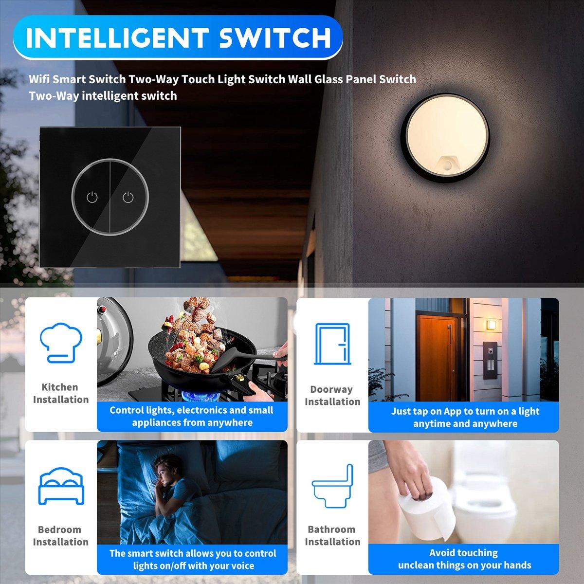 

Tuya Wifi Smart Switch Two-Way Touch Light Switch Wall Glass Panel Switch European Standard National Standard Universal China Mainland