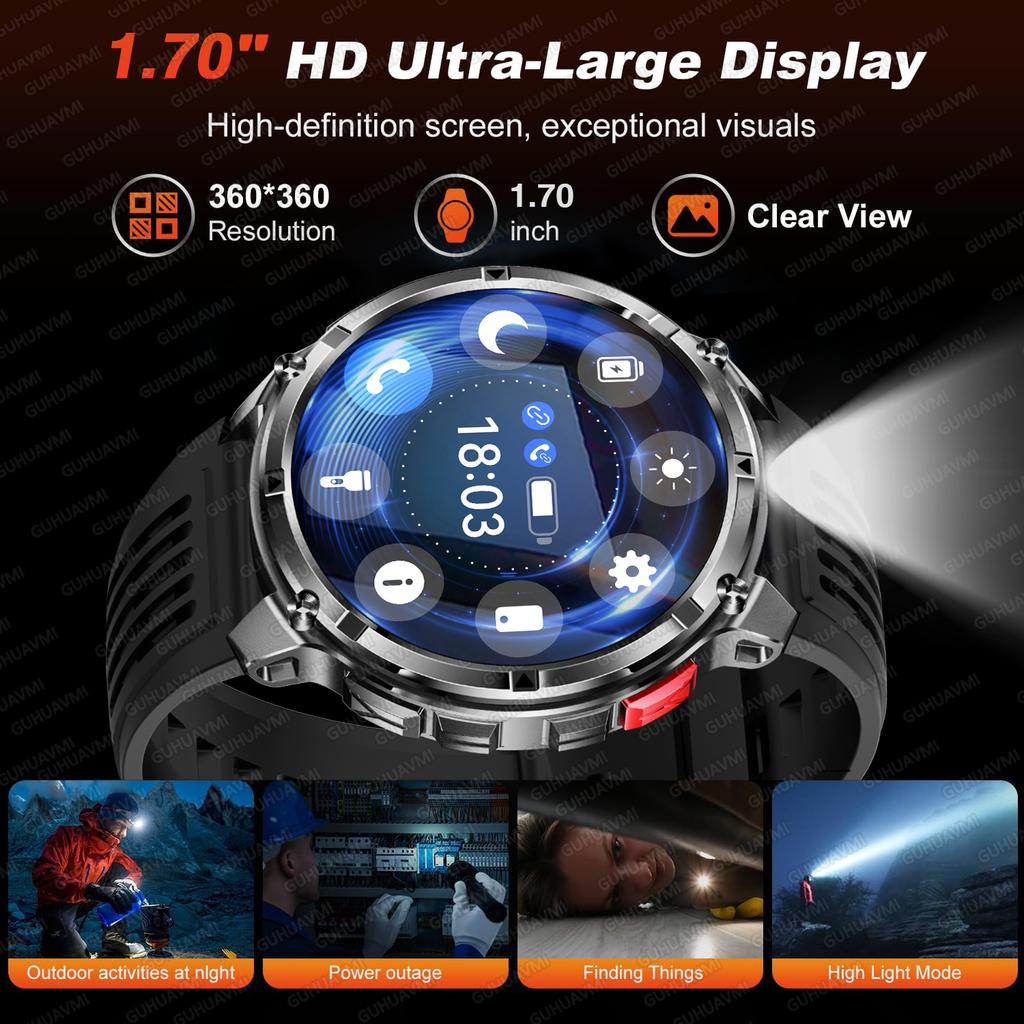 2026 New 1100mAh Battery Outdoor Ultra Durable Men Smartwatch Flashlight Heart Rate Bluetooth Call 5ATM Waterproof Sports Smart Watch