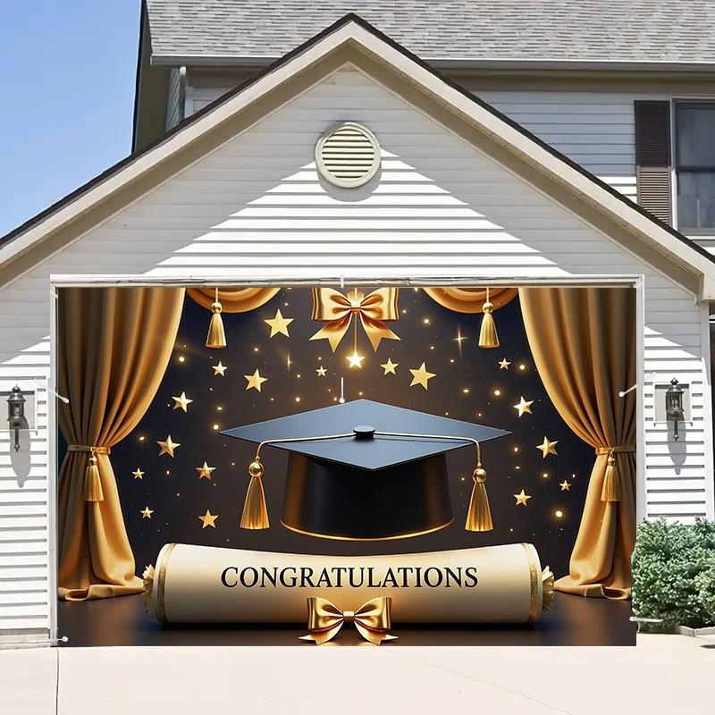 Golden Graduation Cap&Diploma Design Party Banner,for Celebrations,Home&Garden Events,Photo Studio Backdrop,Festivities,Graduation Party Decor