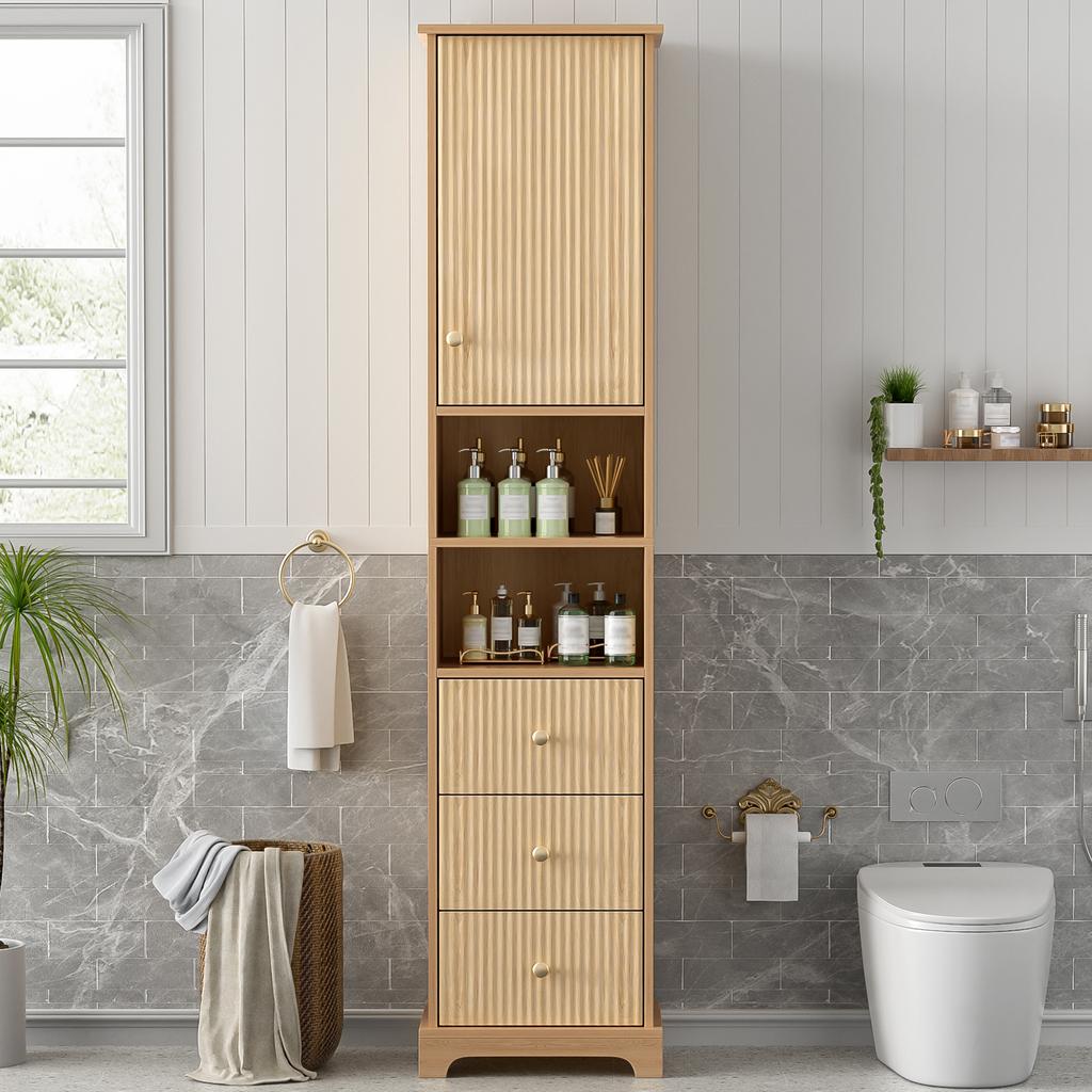 40x30x172cm Badezimmerschrank, PVC-Thermoformplatte, Vertikaler Streifen, Drei Schubladen, Ein Korpus, Zwei Offene Fächer, Verstellbare Einlegeböden, Natürliche Holzfarbe.