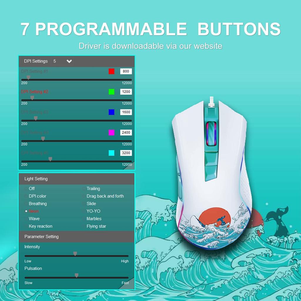 XVX Wired Gaming Mouse RGB Backlit PC Gaming Mouse with Adjustable 12000DPI/7 Programmable Buttons Coral Sea Computer USB