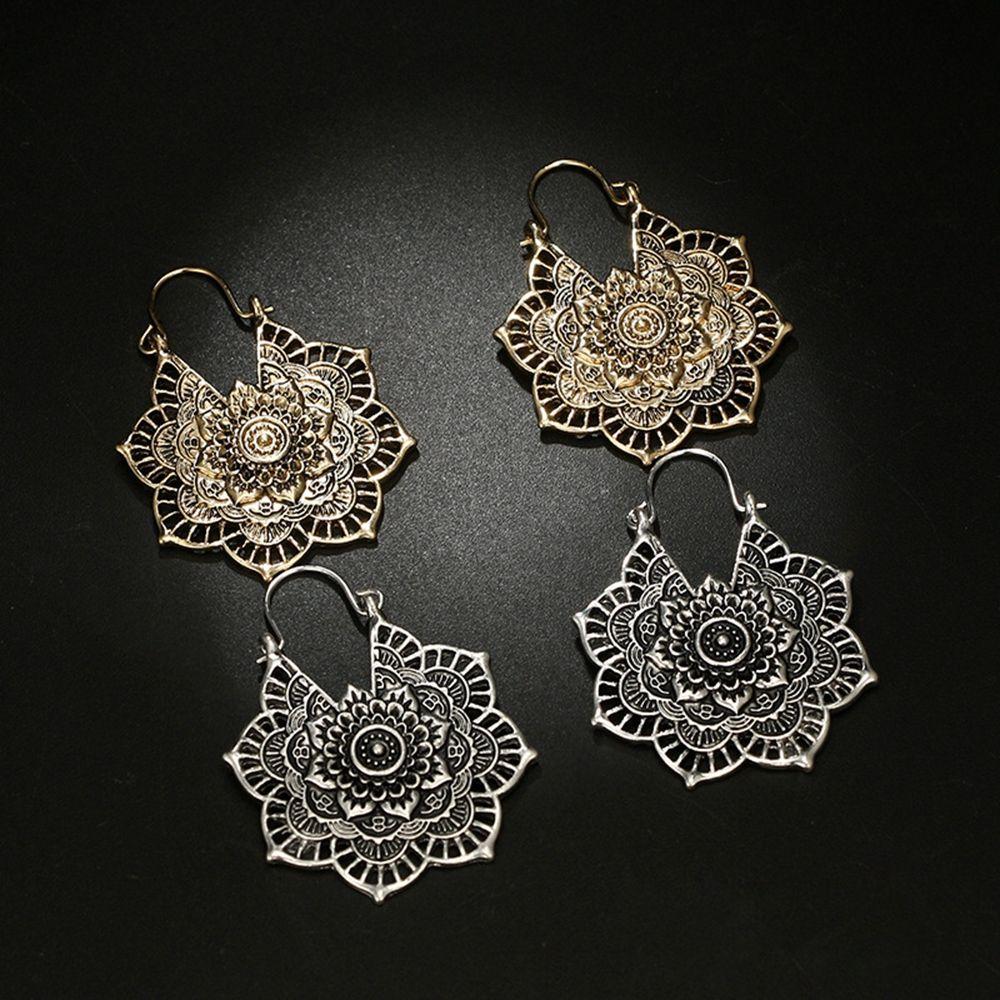 Antique Tribal Gypsy Dangle Ear stud Floral Earring Hollow Out Mandala Flower Pendant