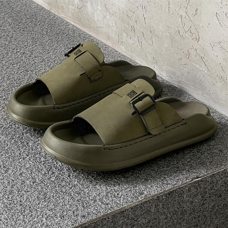 Slippers men's new outer wear casual sports thick-soled wear-resistant wading one-word beach shoes 371217 olive green-J