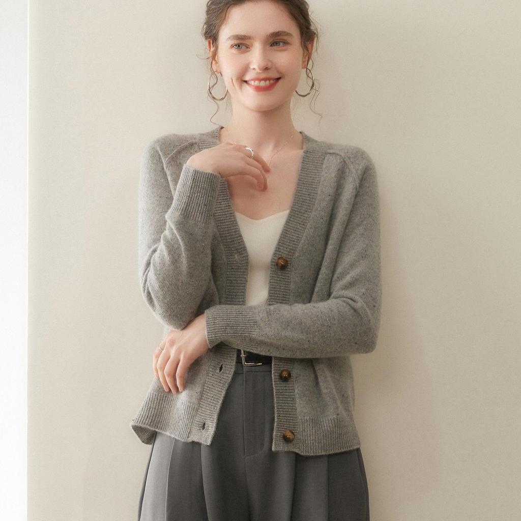 2025 Korean Style Cashmere V-Neck Mélange Sweater Cardigan for Women