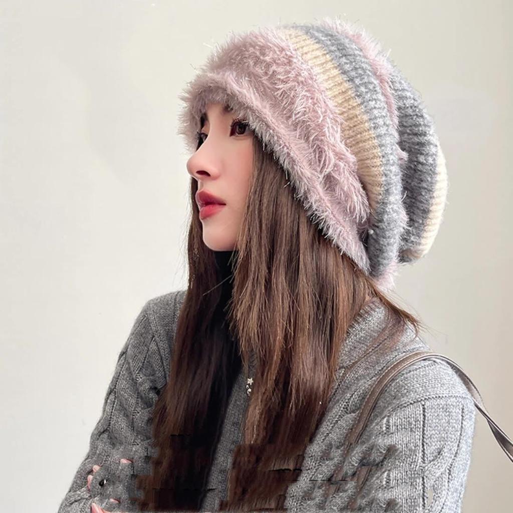 2025 Women Autumn Winter Warm Thicken Ear Protector Hat Cold Fur Velvet Outdoor Pile Pile Cap Sweet Cute Stripe Hats