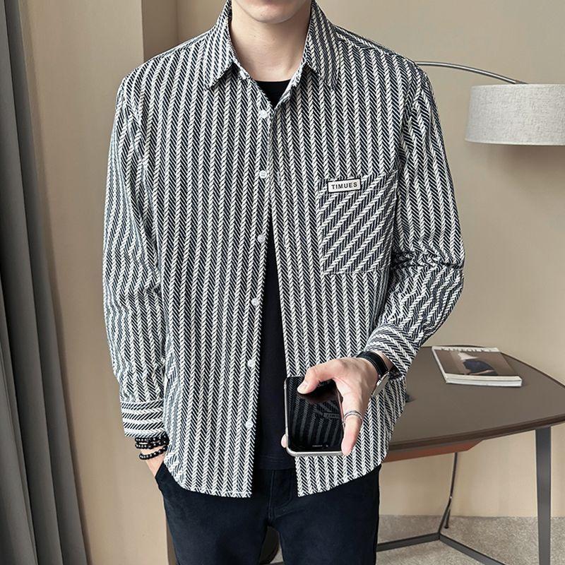 

Casual Striped Pockets Spliced Shirts Spring Autumn Polo-Neck Men s Clothing Single-breasted Basic Stylish Patch Designs Shirts L сірий колір