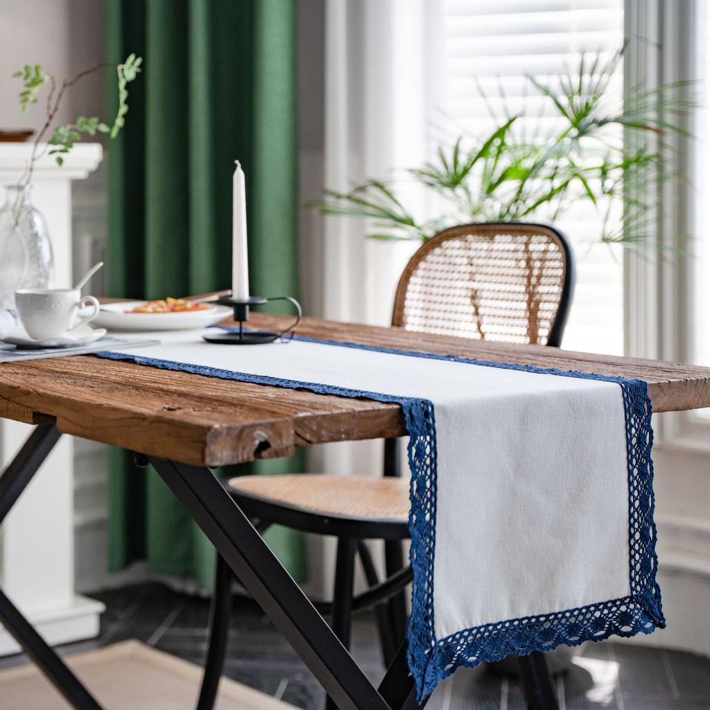 BEPAN Table Runner Printed Countryside Navy Blue Lace Blue and White Porcelain Table Tea Flag Dining Flag Long Strip