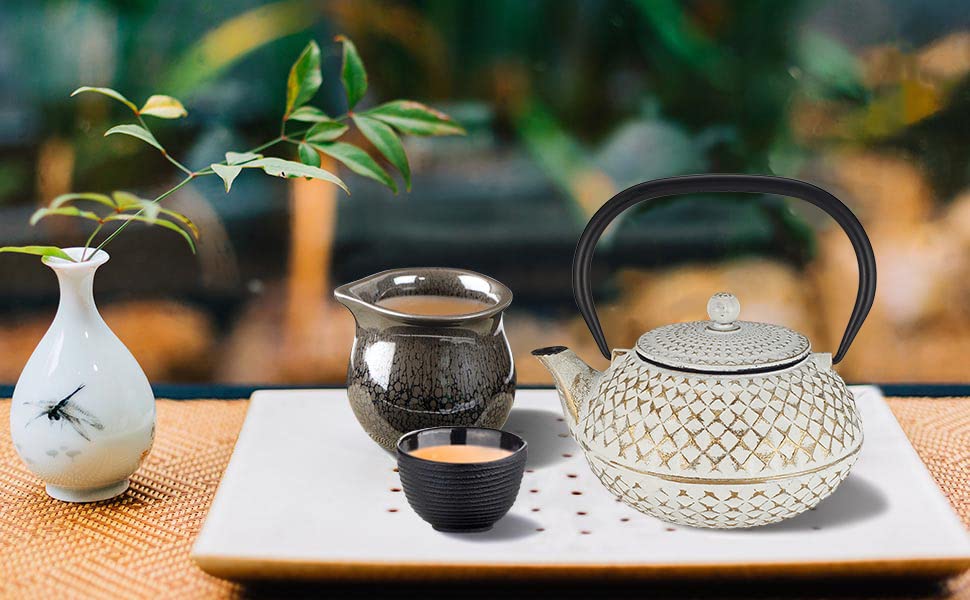 Nanbu Ironware Cast Iron Teapot, Induction Cooktop Compatible, Stylish Cast Iron Teapot, Handmade, Heat-Resistant Teapot, White Teapot with Tea
