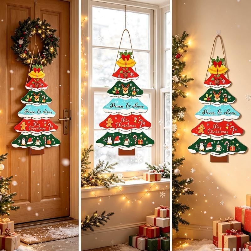 Cute Christmas Tree Paper Hanging Ornament Festive Door Wall Sign For Porch Window Xmas Holiday Home Decoration