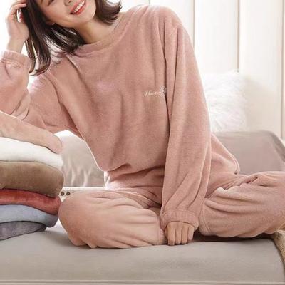 2 adet/takım kadın kışlık pijama takımı yumuşak kalın peluş soğuğa dayanıklı düz renk yuvarlak boyun elastik bel uzun kollu bayan ev tekstili uyku seti