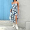 New floral suspender split dress European and American printing sexy slim fit medium and long spicy