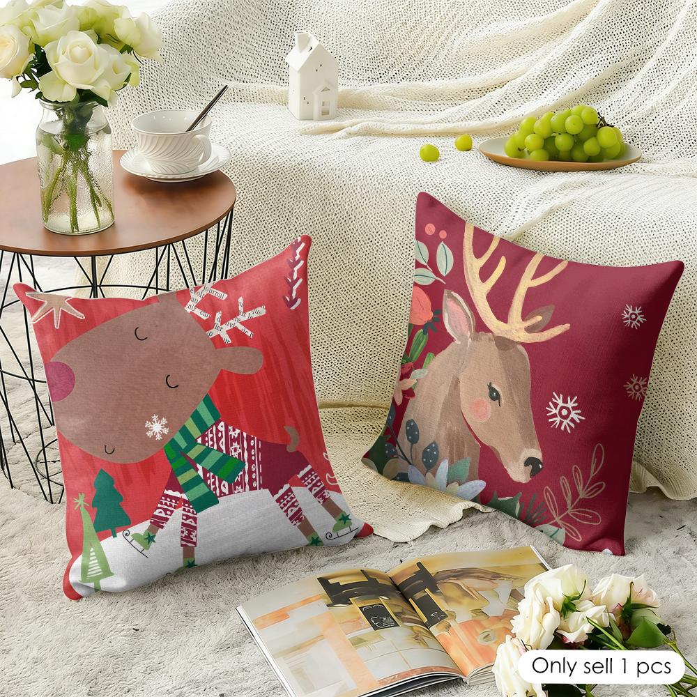 Cute Christmas Reindeer Cushion Cover Natural Linen Organic Fabric Double-Sided Printing Sofa Home Decor Gift Pillow Case
