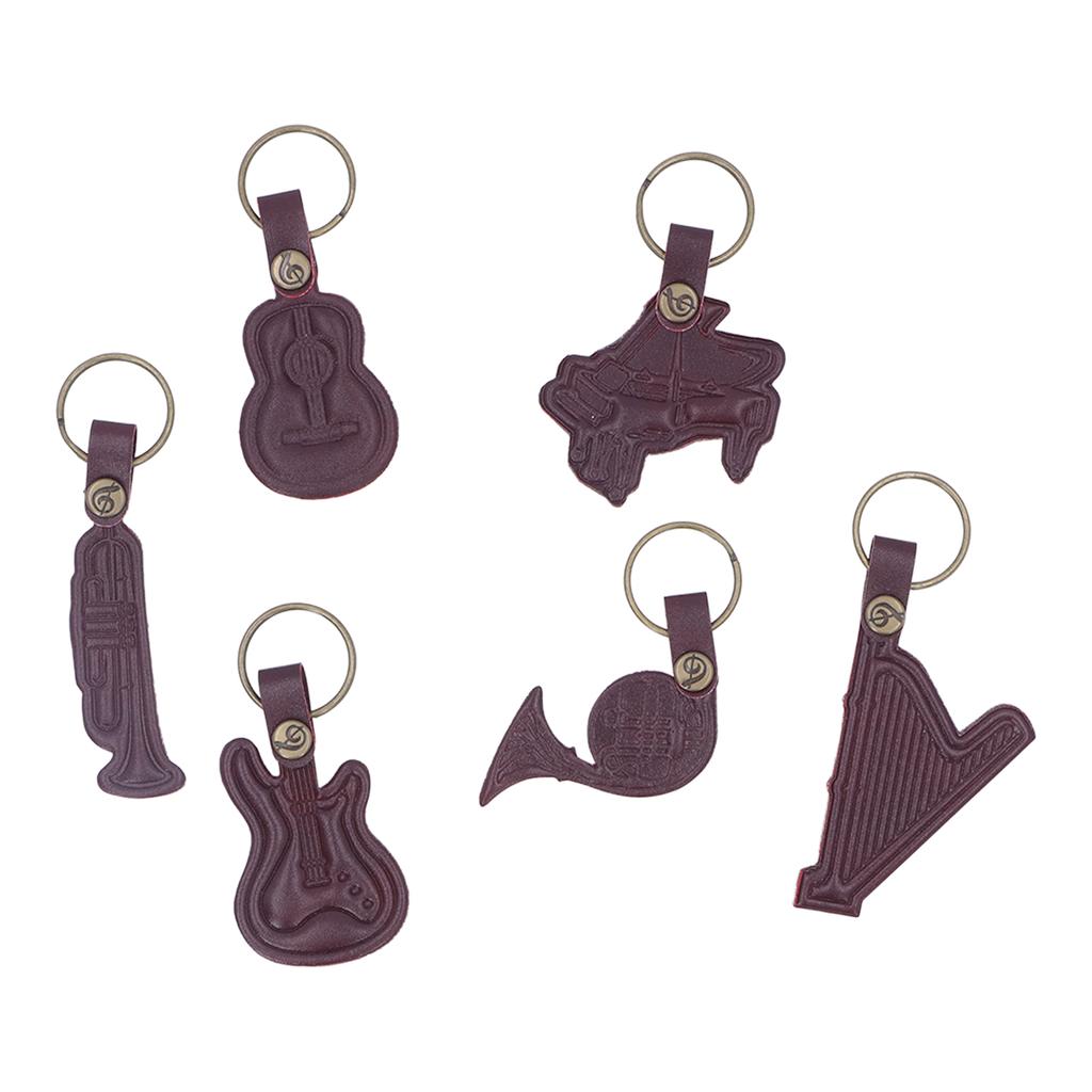 7PCS Cowhide Musical Instrument Keychains Mini Guitar Violin Horn Bass Piano Harp Keyring Set