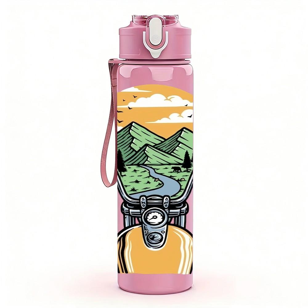 1PC Mountain Biker Rider Retro Character Print 750ml Color Plastic Sports Water Bottle Leakproof Flip Straw Lid Suitable for Sports Office Home Use