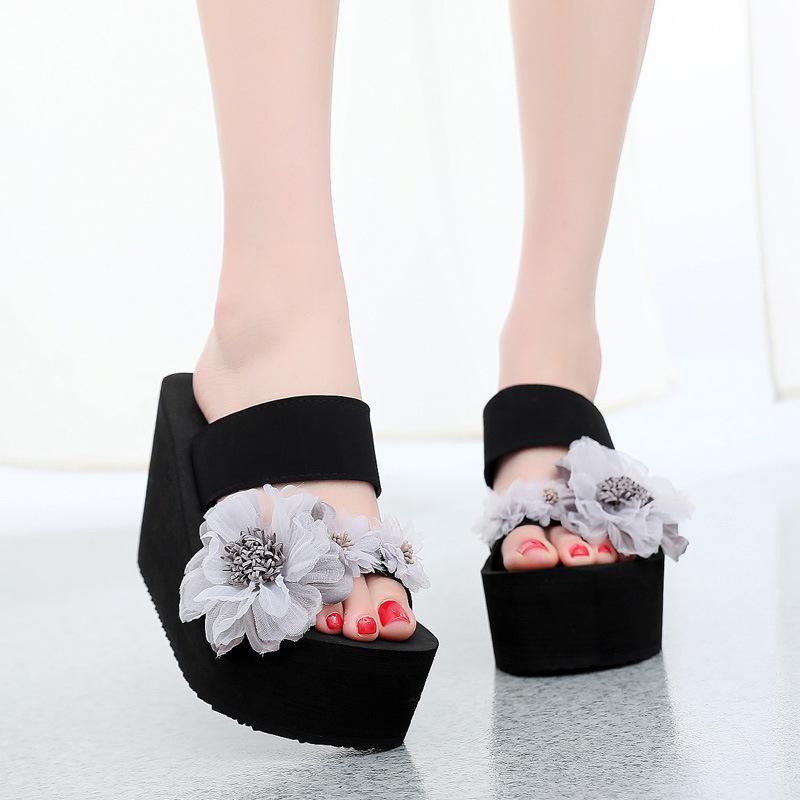 Women Slippers Summer Outside Travel Non Slip Cool High Heels Beach Sandals Flower Ladies Shoes Comfortable