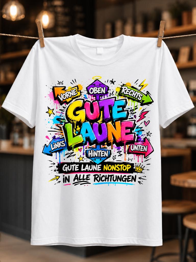 Gerunisex Gute Laune Playful Bubble Lettering With Nonstop Mood Text Arrows And Doodle Stars Cheerful Unisex All Tshirt