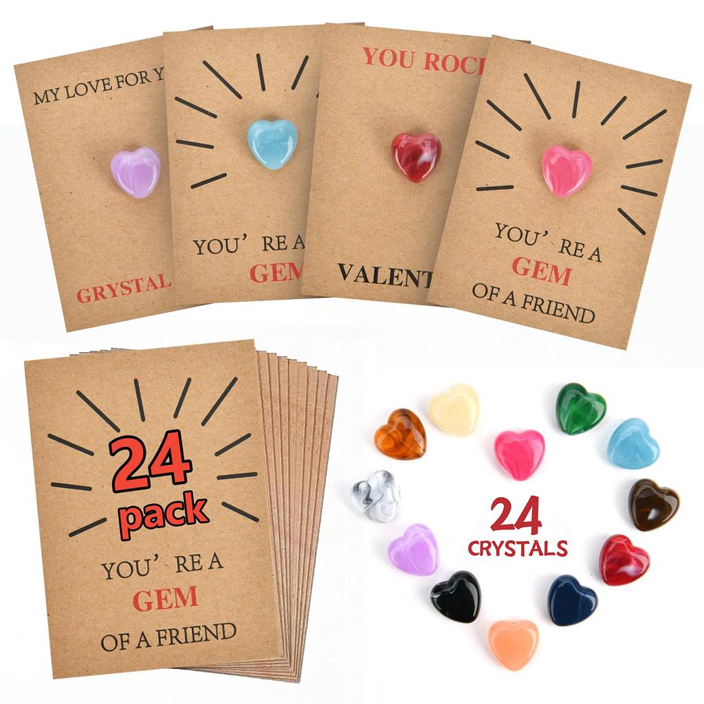 48PCS Gem Valentines Cards with Heart-Shape Crystal Stone Valentine Exchange Card for Boys Girls School Classroom Party Favors